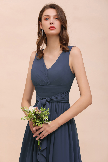 BMbridal Affordable V-Neck Chiffon Long Stormy Bridesmaid Dress With Slit-BMbridal