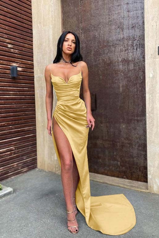 Baby Blue Spaghetti Strap Sleeveless Pleated Prom Dress Mermaid With Split