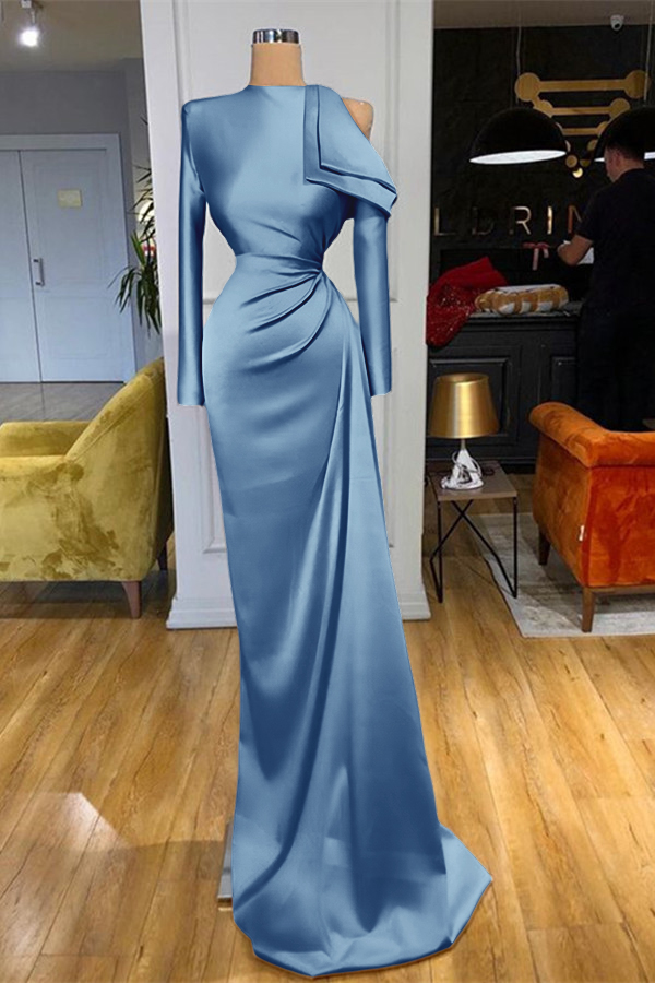 Charming High Neck Champagne Prom Dress Mermaid Long Sleeves With Pleated