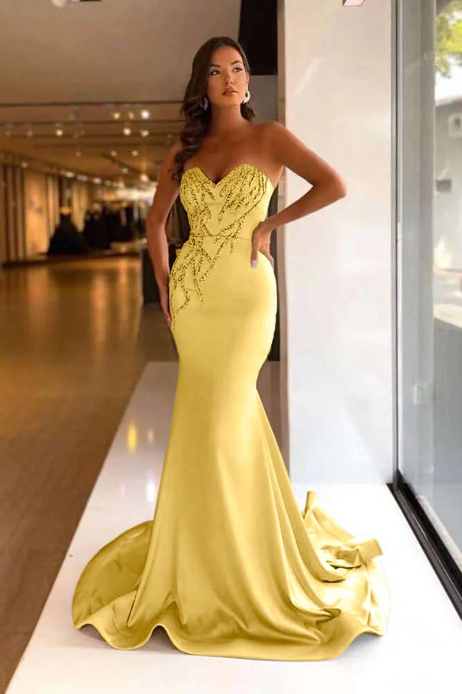Pretty Strapless Sweetheart Sleeveless Long Mermaid Prom Dress With Beadings