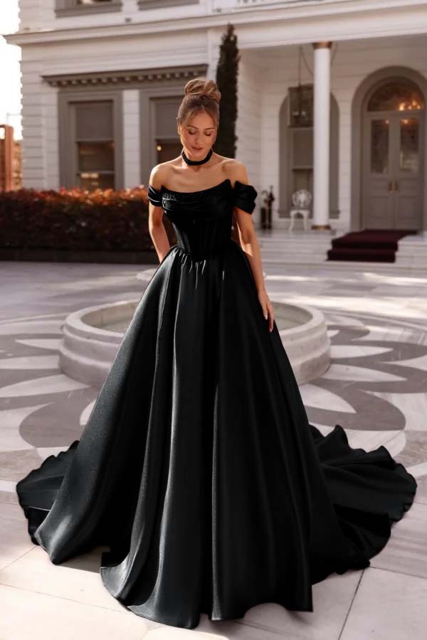 Off the Shoulder Sleeveless Long Prom Dress With Pleated Beading