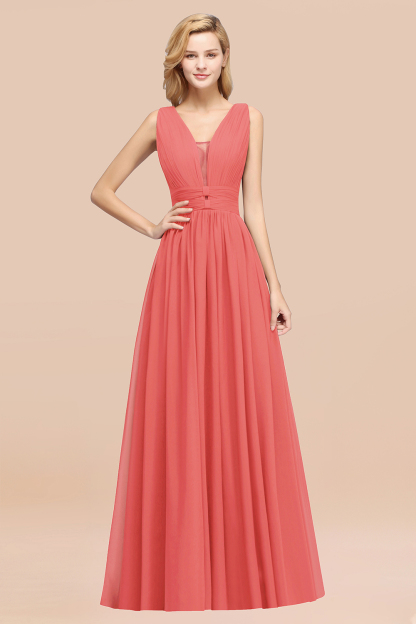 BMbridal Modest Dark Green Long Bridesmaid Dress Deep V-Neck Chiffon Maid of Honor Dress-BMbridal