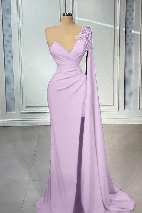 One Shoulder V Neck Mermaid Prom Pleated Dress Red Long Appliques With Ruffles