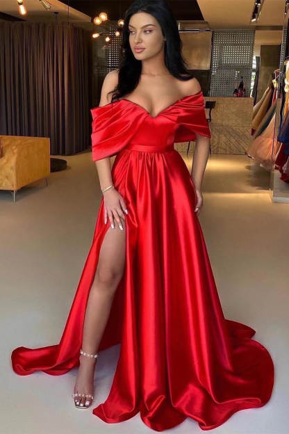 Charming Red A Line Off the Shoulder Strapless Long Prom Dress With Split