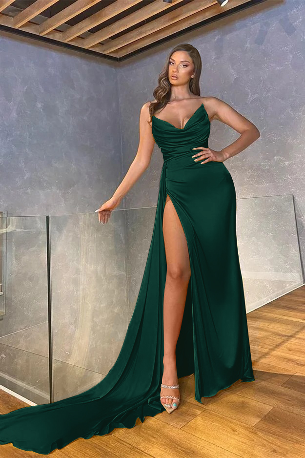 Chic Mermaid Strapless Sleeveless Long Pleated Prom Dress With High Split