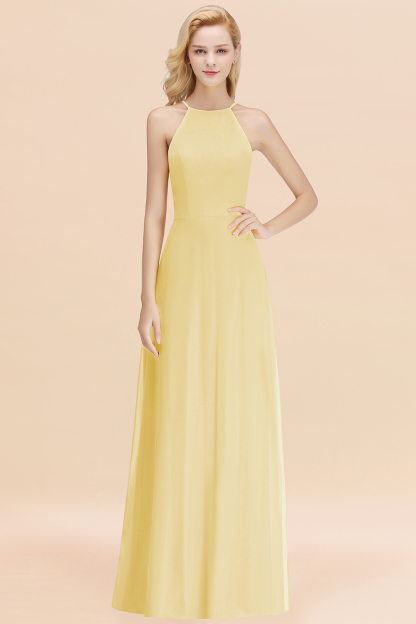 BMbridal Modest High-Neck Yellow Chiffon Affordable Bridesmaid Dresses Online-BMbridal