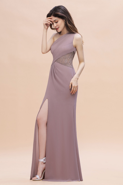 BMbridal Chic One-Shoulder Dusk Chiffon Lace Ruffle Bridesmaid Dress with Front Slit On Sale-BMbridal