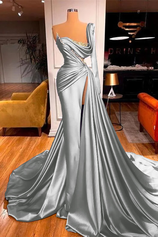 Mermaid One Shoulder Long Sleeve Pleated Prom Dress Split With Beadings