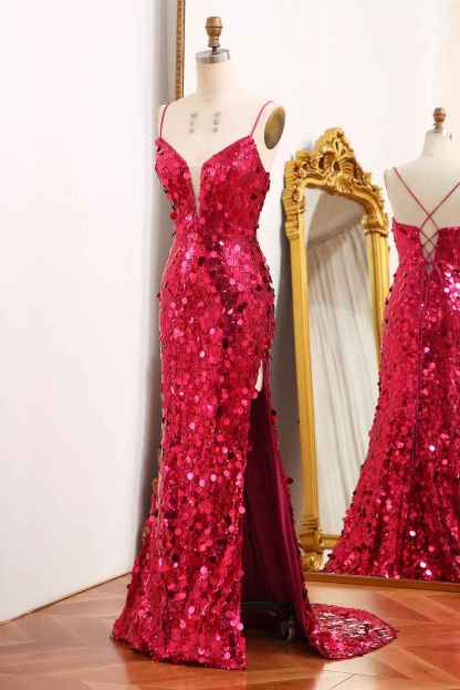Sparkly Purple Mermaid Spaghetti Straps Sequins Long Prom Dress with Slit