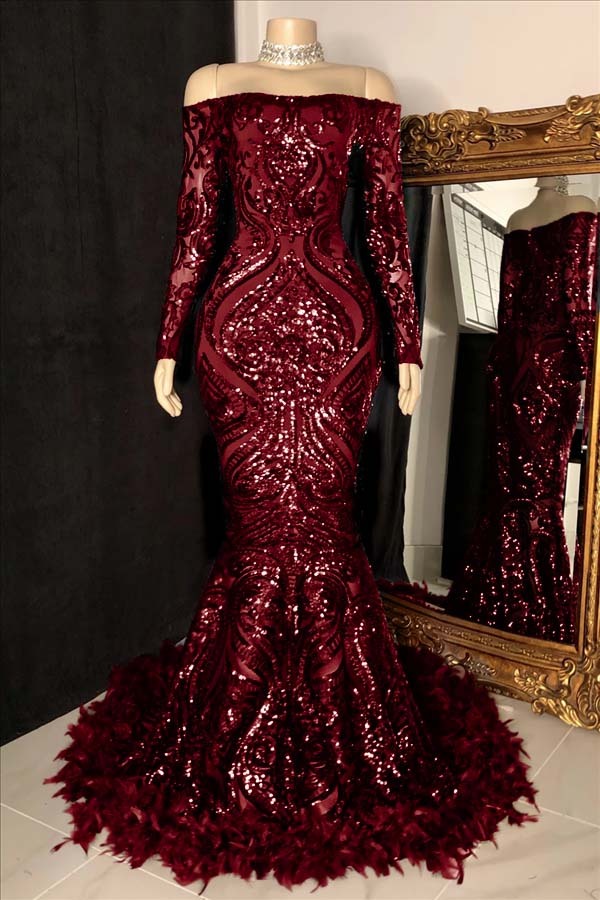 Long Sleeves Strapless Mermaid Prom Dress Sequins Burgundy With Feather