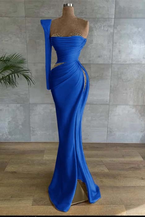 One Shoulder Long Sleeve Long High Split Prom Dress With Beading