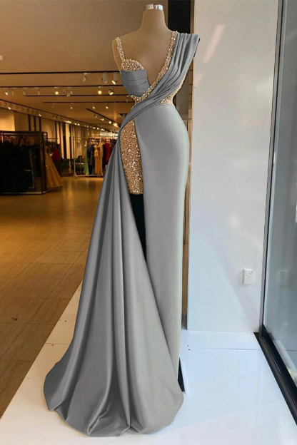 Straps Sleeveless High Split Long Prom Dress With Sequins Ruffles