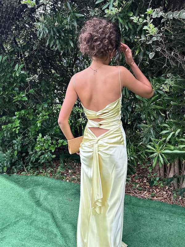 Yellow Mermaid Twist Front Spaghetti Straps Satin Long Prom Maxi Dress