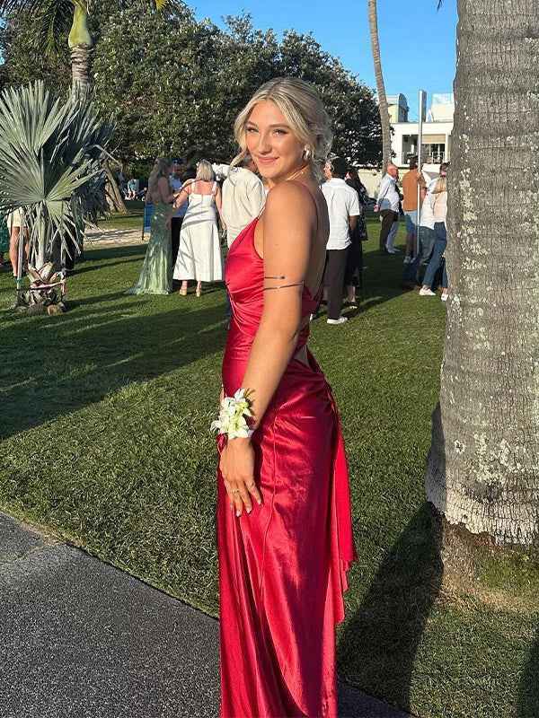 Yellow Mermaid Twist Front Spaghetti Straps Satin Long Prom Maxi Dress