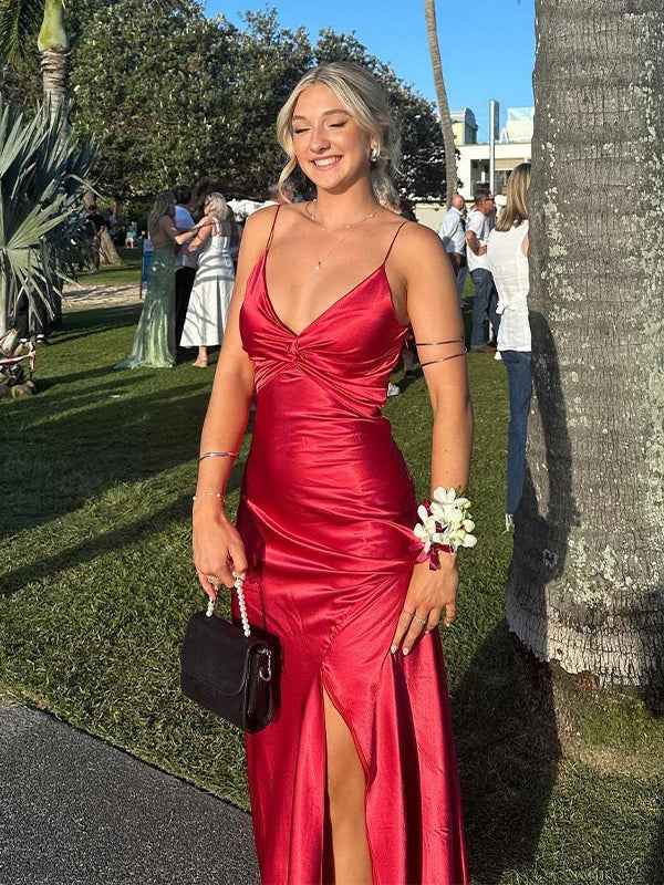 Yellow Mermaid Twist Front Spaghetti Straps Satin Long Prom Maxi Dress