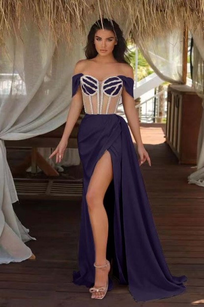 Champagne Ruffles Mermaid Prom Dress Beadings Split With Off the Shoulder