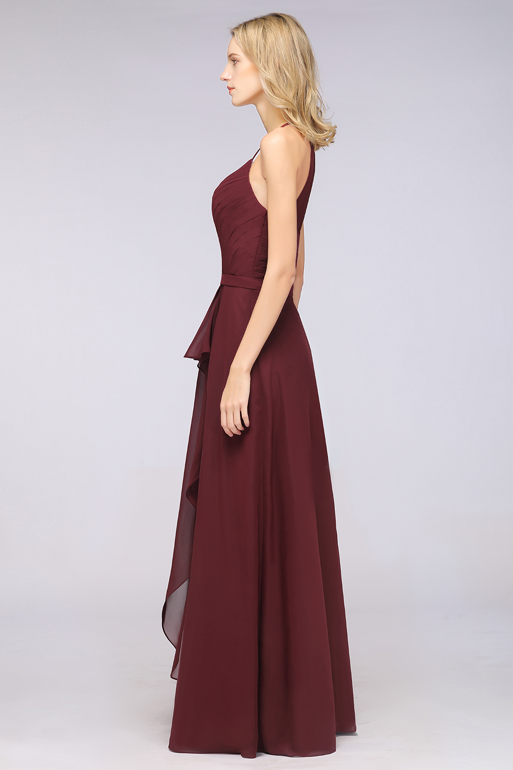 BMbridal Affordable Chiffon Halter V-Neck Ruffle Burgundy Bridesmaid Dresses-BMbridal
