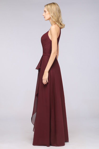 BMbridal Affordable Chiffon Halter V-Neck Ruffle Burgundy Bridesmaid Dresses-BMbridal