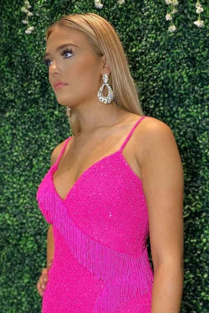 Sparkly Fuchsia Sequined Tight Short Homecoming Dress with Fringes