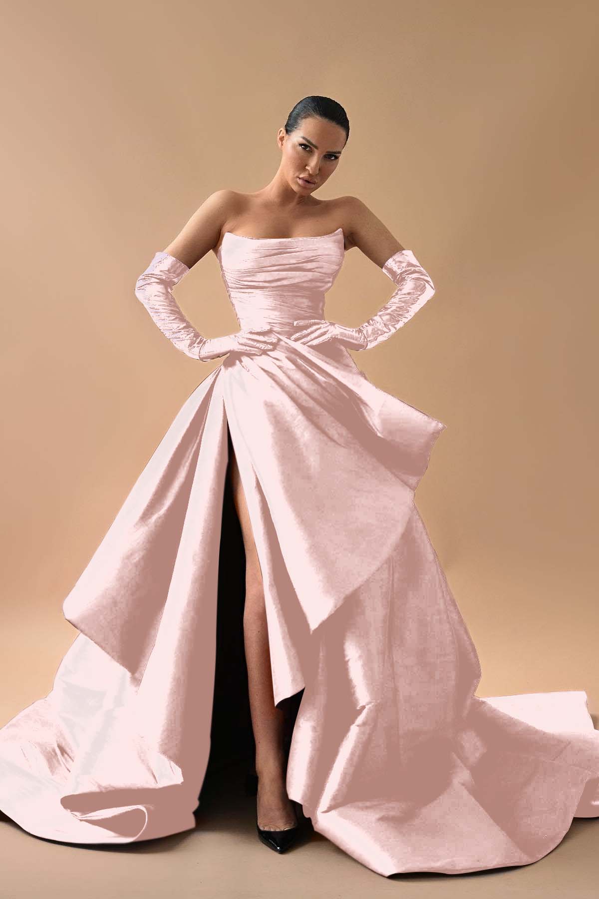 Strapless Sleeveless Long Split Prom Dress With Gloves Pleated