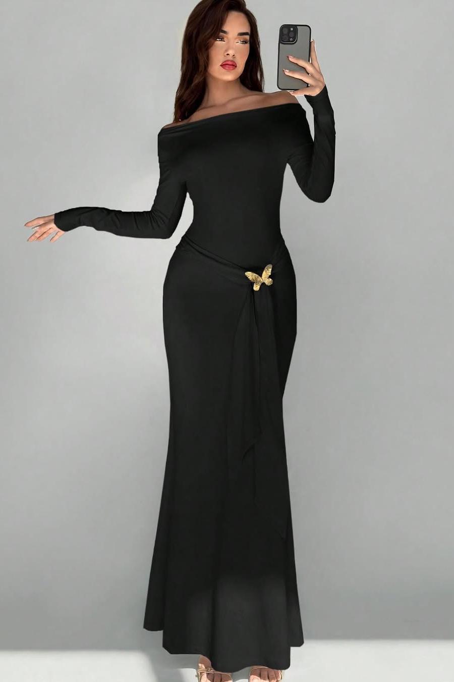 Off the Shoulder Long Sleeves Long Mermaid Prom Dress With Appliques