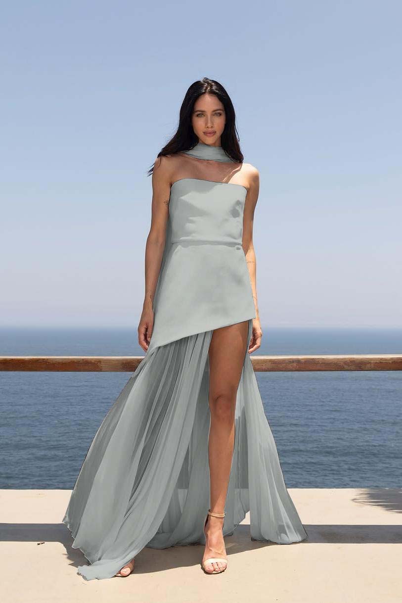 Strapless Sleeveless Split Long Prom Dress With Pleated Tulle