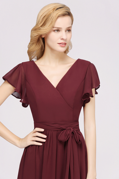 BMbridal Burgundy V-Neck Long Bridesmaid Dress With Short-Sleeves-BMbridal