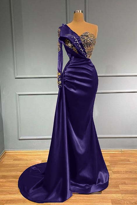 Dark Blue Long Sleeve One Shoulder Pleated Mermaid Prom Dress With Beadings