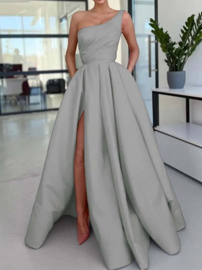 One Shoulder Sleeveless Long High Split Prom Dress With Pockets