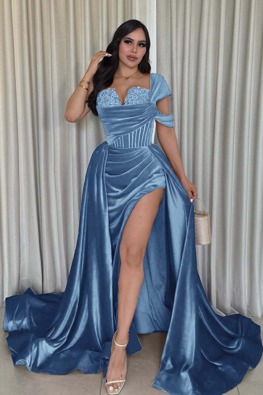 One Shoulder Sleeveless Long Mermaid Prom Dress With Split Pleated