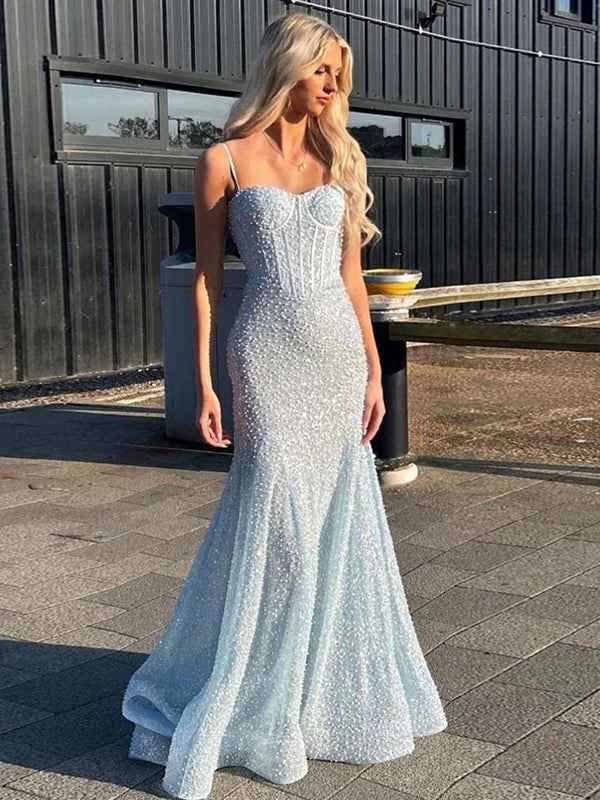 Light Blue Mermaid Spaghetti Straps Long Prom Dress with Beading