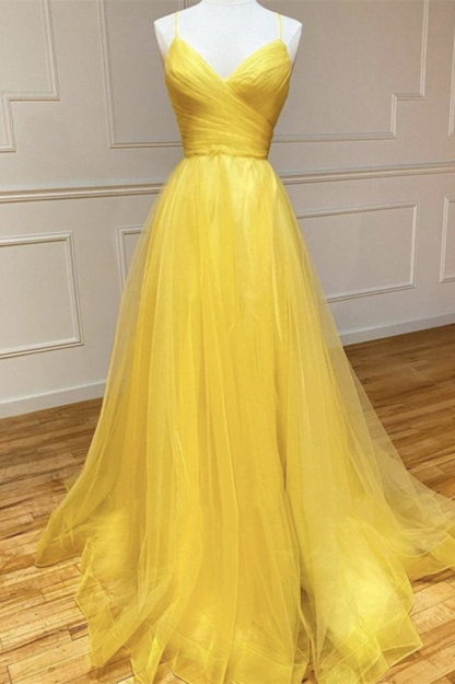 Amazing Yellow Spaghetti Strap Sleeveless V Neck Prom Dress String Back