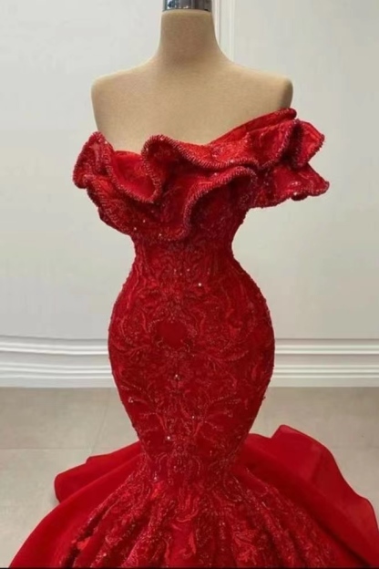 Red Gorgeous Strapless Mermaid Sequins Prom Dress With Embroidery On Sale