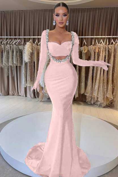 Charming Black Velvet Long Sleeve Beaded Long Mermaid Prom Dress With Gloves