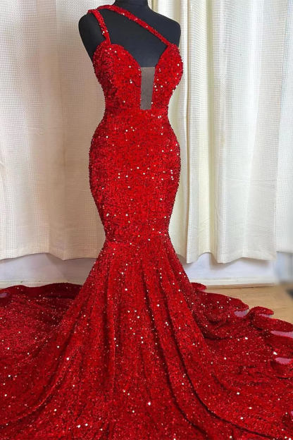 Red Mermaid Sleeveless One Shoulder Prom Dress Sweetheart Elegant Sequins