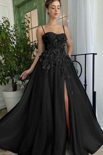 Baby Blue Sweetheart Flowers Appliques Spaghetti Strap Prom Dress With Split