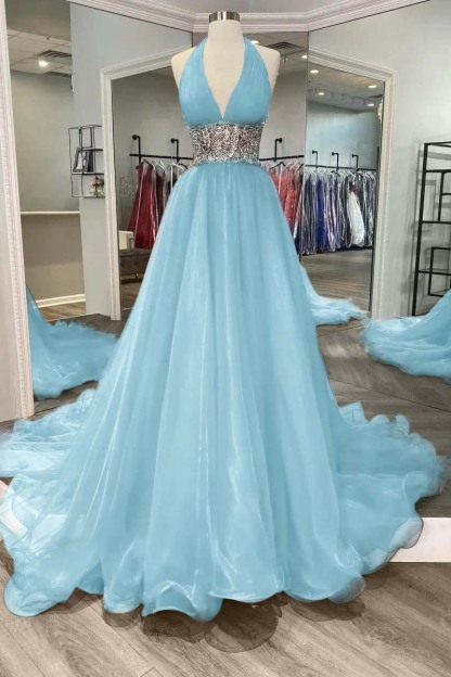 Halter Deep V Neck Sleeveless Long Prom Dress With Beading Ruffle