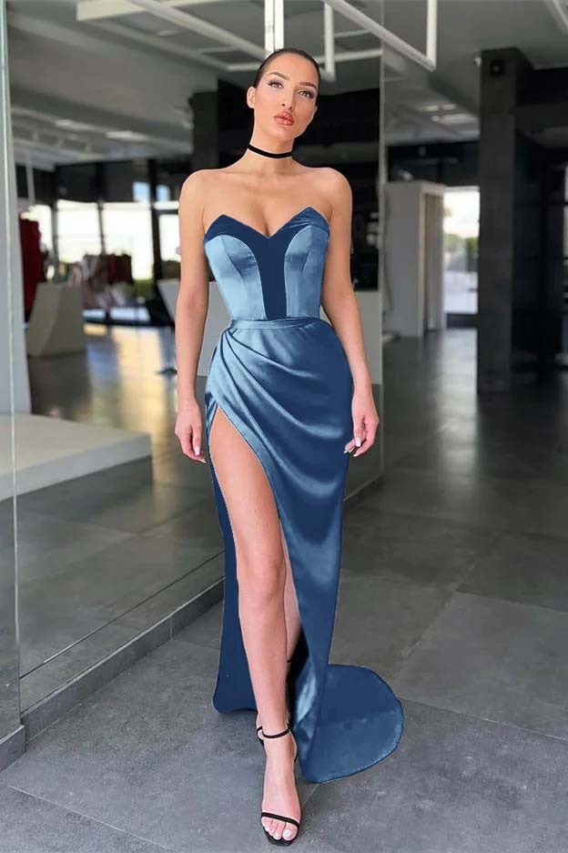 Strapless Sleeveless Long Mermaid Prom Dress With Split Pleated