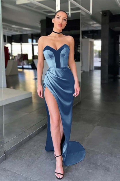 Strapless Sleeveless Long Mermaid Prom Dress With Split Pleated