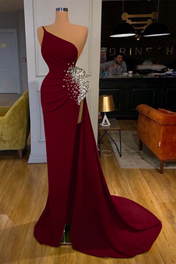 One Shoulder Sleeveless Mermaid Long Prom Dress Green Beadings With Split