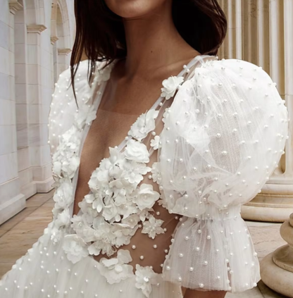 V-Neck Mini Lace A-Line Princess Wedding Dress