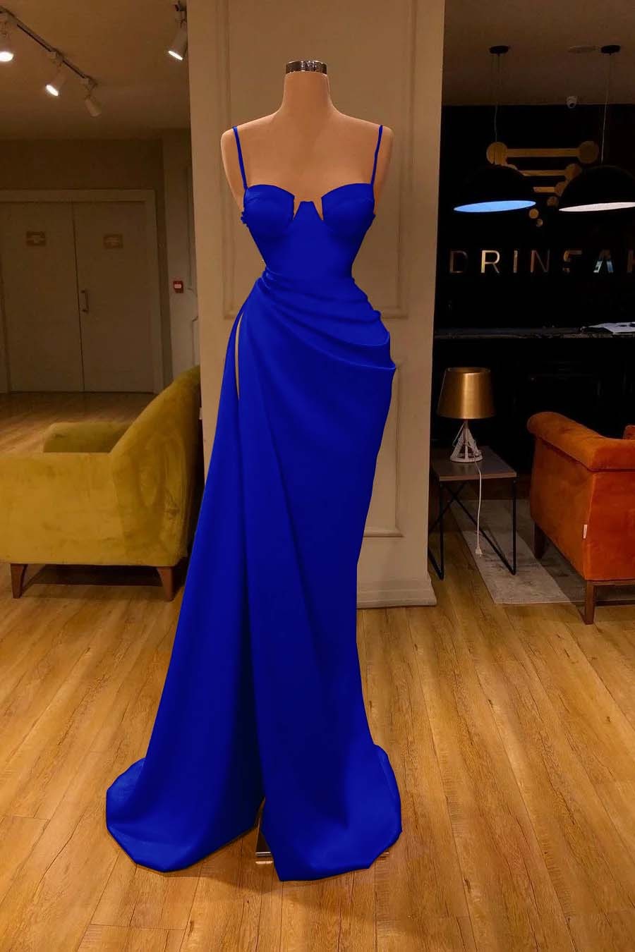 Mermaid Red Spaghetti Strap Sleeveless Pleated Prom Dress With High Split