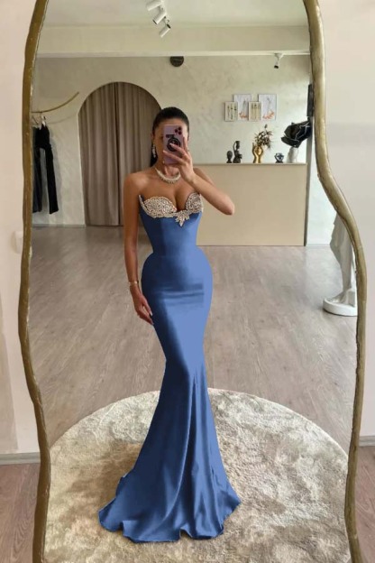 Strapless Sleeveless Long Mermaid Prom Dress With Beading Pleated