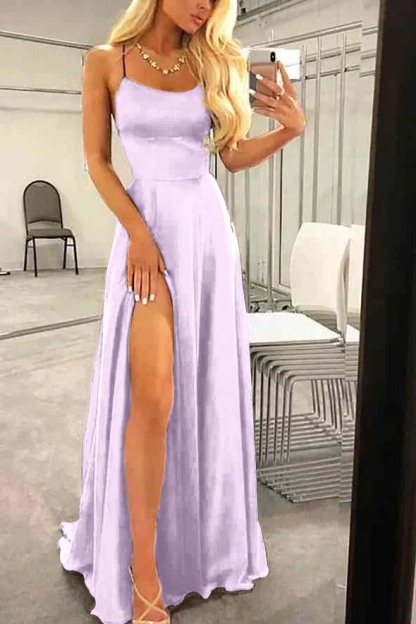 Spaghetti Strap Sleeveless Long Prom Dress With High Split Ruffles