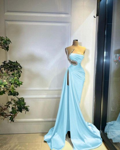Strapless Sleeveless Long Mermaid Split Prom Dress With Beading