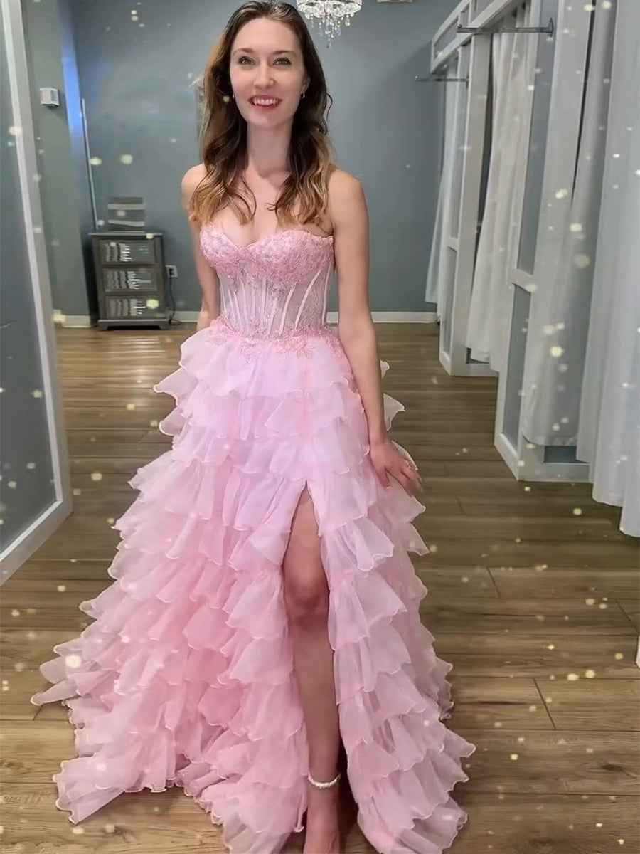 Pink Strapless Tiered Ruffles Lace Applique|s Corset Prom Dress with Slit
