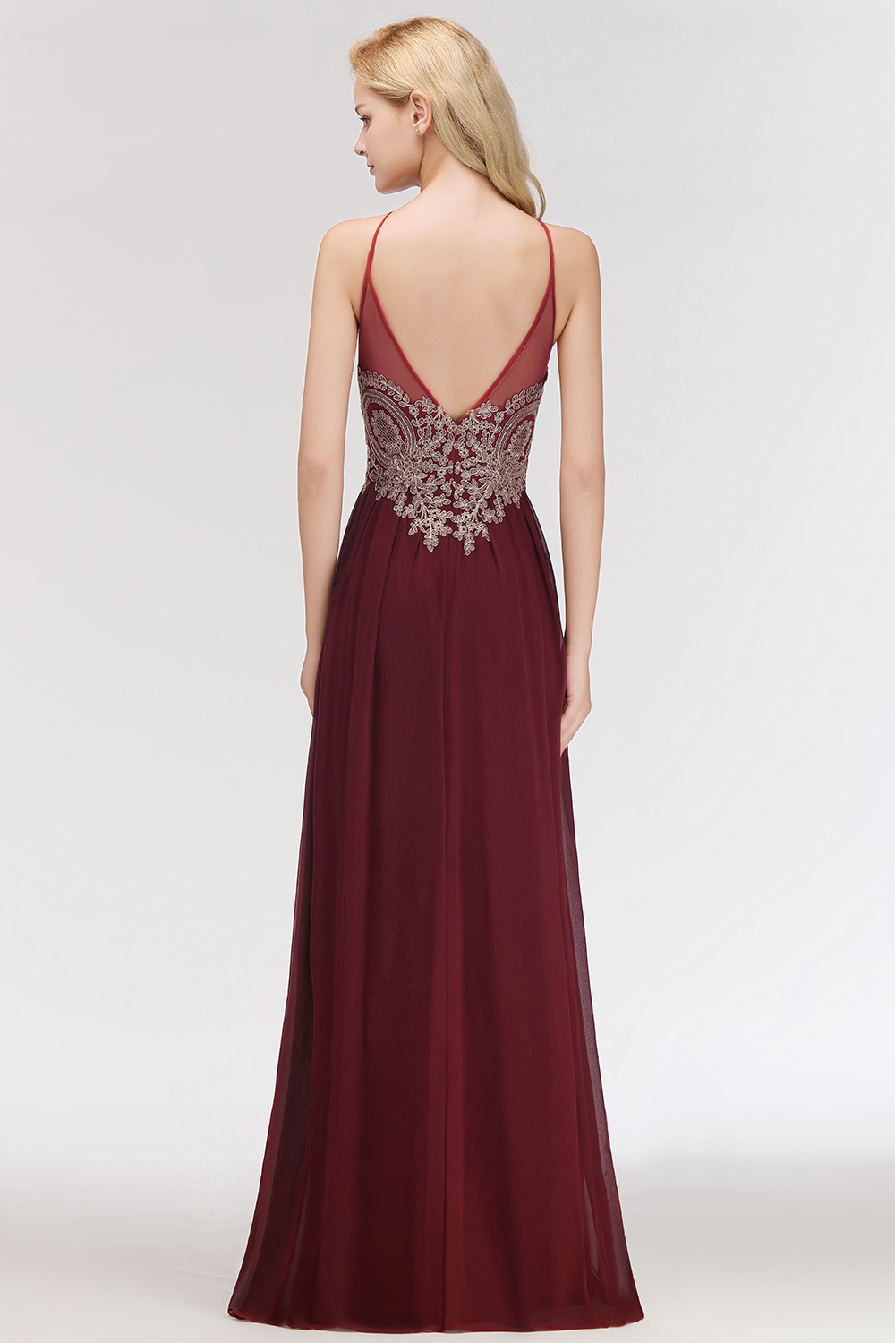 BMbridal Chic Spaghetti Straps Long Burgundy Backless Bridesmaid Dress with Appliques-BMbridal
