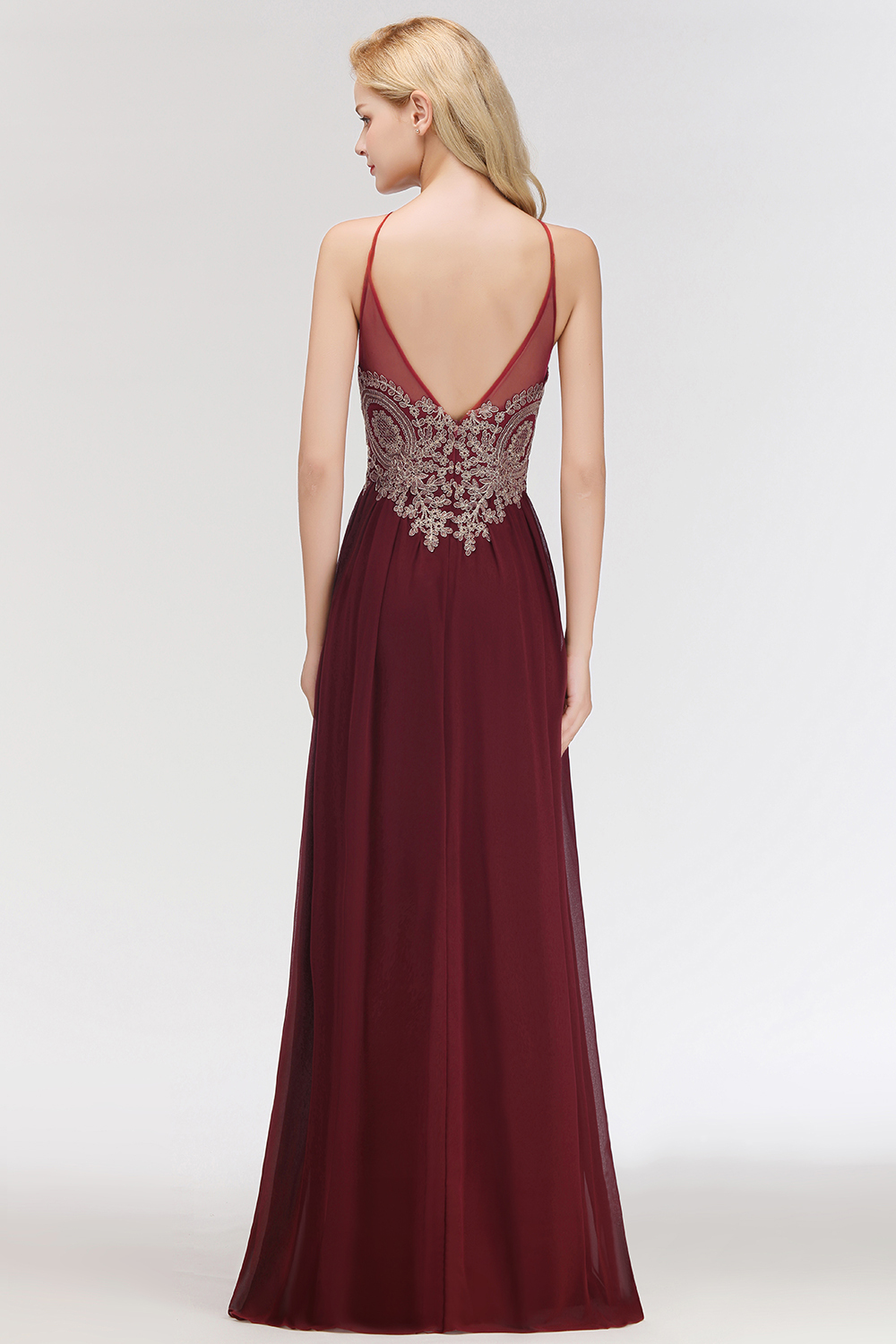 BMbridal Chic Spaghetti Straps Long Burgundy Backless Bridesmaid Dress with Appliques-BMbridal