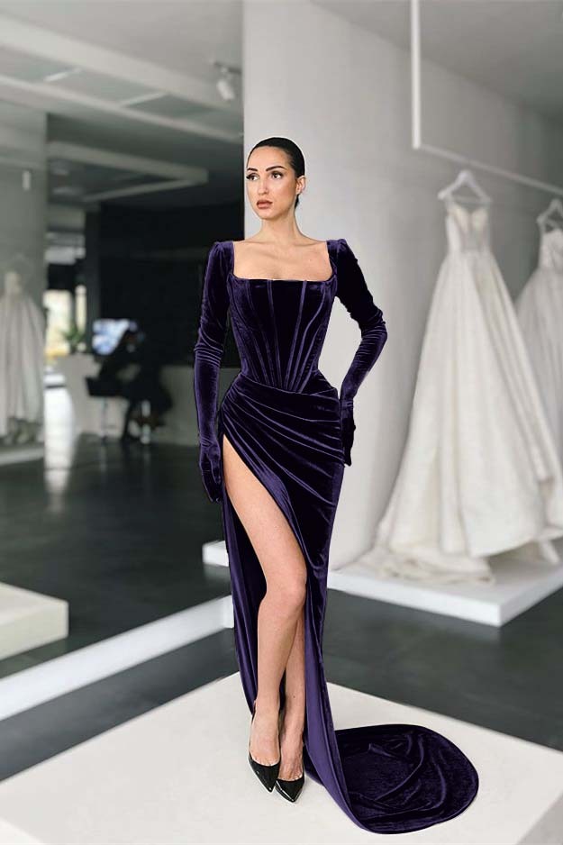 Stunning Square Neck Long Sleeves Pleated Long Prom Dress With Side Split