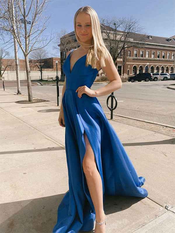 Blue A Line V-Neck Spaghetti Straps Long Prom Dress with Slit